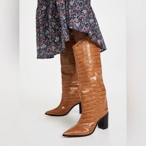 SCHUTZ Tan Croc-Embossed Heeled Boots
